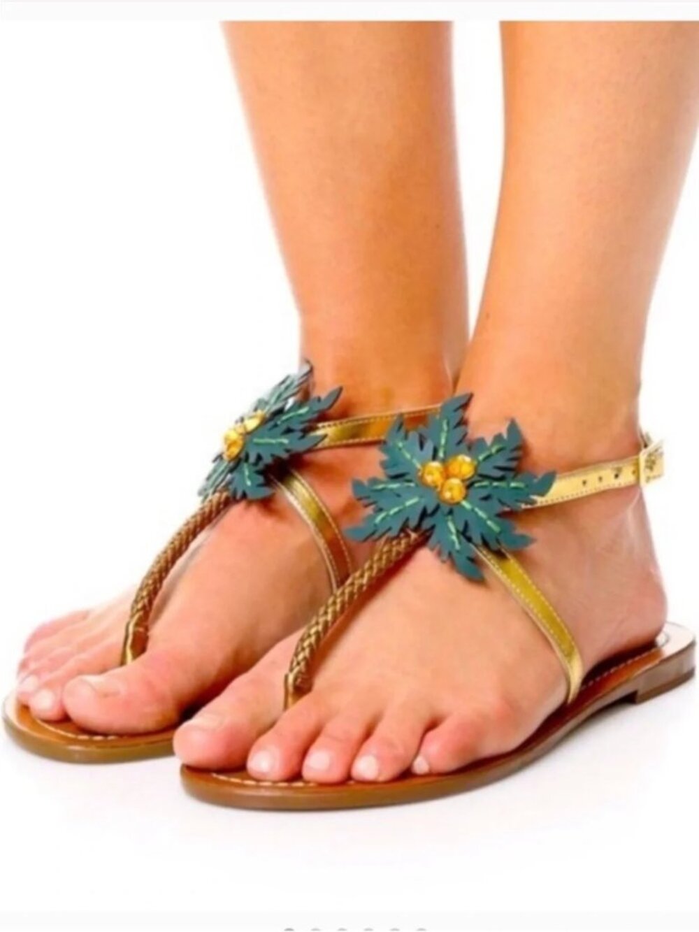 Kate Spade Solana Brown Green Gold Palm Tree Ankle Strap Sandals Size 7.5